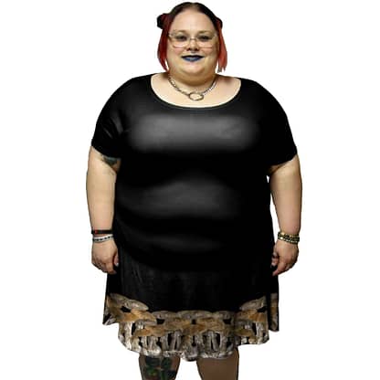 Pictured model is wearing a 5XL. This model’s measurements are Bust: 55 in, Waist: 51 in, Hips: 64 in, Height: 5 ft 3 in
